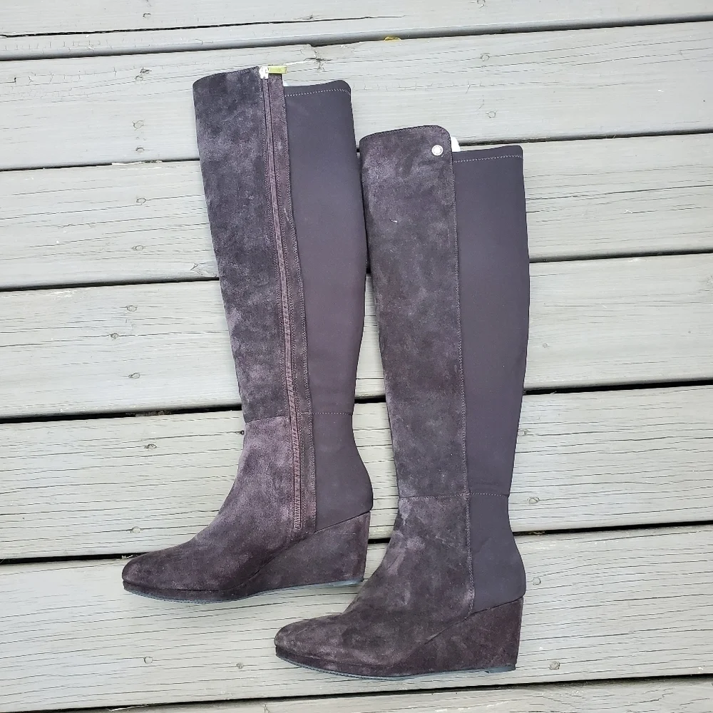 Vince Camuto Alexila Brown Suede Stretch Neoprene Over the Knee OTK Tall‎ Boots